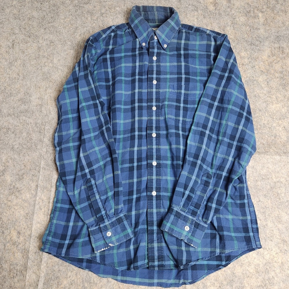 LL Bean VTG 90s Flannel Shirt Men M Blue Scotch Plaid Button Up Long Sleeve - Picture 1 of 6
